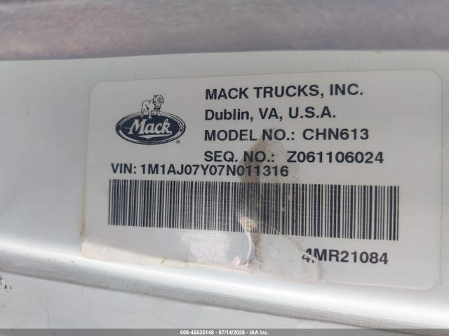 Aukcja sprzedaży 2007 Mack 600 Chn600, vin: 1M1AJ07Y07N011316, numer aukcji: 45535148