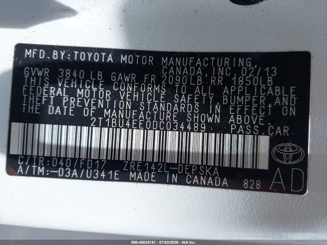 2013 Toyota Corolla S/s Special Edition მანქანა იყიდება აუქციონზე, vin: 2T1BU4EE0DC034489, აუქციონის ნომერი: 45535151