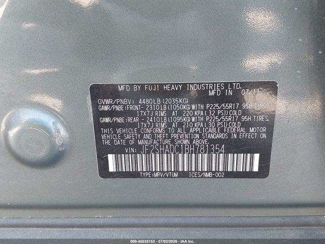 Aukcja sprzedaży 2011 Subaru Forester 2.5x Premium, vin: JF2SHADC1BH781354, numer aukcji: 45535153