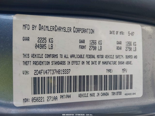 2007 Dodge Magnum მანქანა იყიდება აუქციონზე, vin: 2D4FV47T37H819337, აუქციონის ნომერი: 45535154