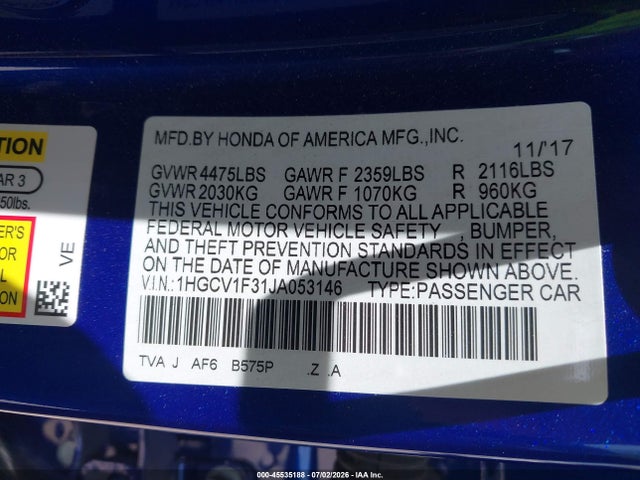 Продажа на аукционе авто 2018 Honda Accord Sport, vin: 1HGCV1F31JA053146, номер лота: 45535188
