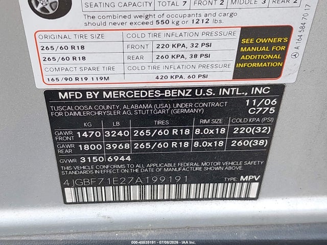 Продажа на аукционе авто 2007 Mercedes-benz Gl 450 4matic, vin: 4JGBF71E27A199191, номер лота: 45535191