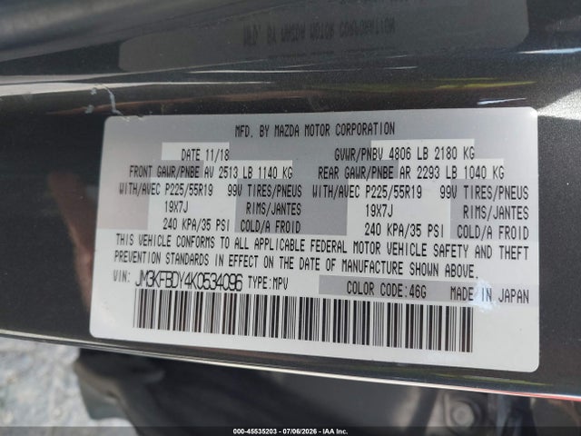 2019 Mazda Cx-5 Grand Touring Reserve მანქანა იყიდება აუქციონზე, vin: JM3KFBDY4K0534096, აუქციონის ნომერი: 45535203