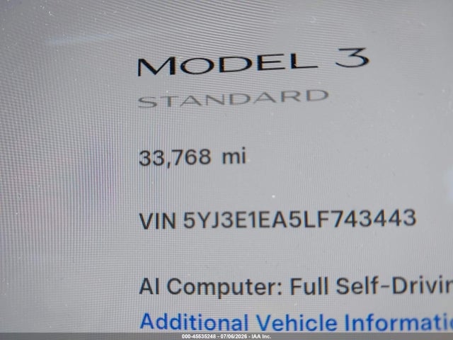 Продажа на аукционе авто 2020 Tesla Model 3 Standard Range Plus Rear-wheel Drive/standard Range Rear-wheel Drive, vin: 5YJ3E1EA5LF743443, номер лота: 45535248