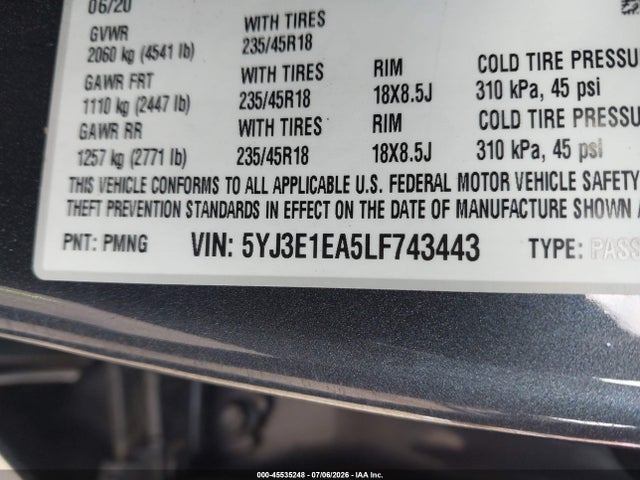 Продажа на аукционе авто 2020 Tesla Model 3 Standard Range Plus Rear-wheel Drive/standard Range Rear-wheel Drive, vin: 5YJ3E1EA5LF743443, номер лота: 45535248