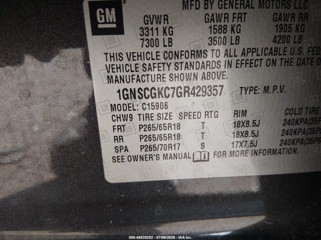 2016 Chevrolet Suburban Ls მანქანა იყიდება აუქციონზე, vin: 1GNSCGKC7GR429357, აუქციონის ნომერი: 45535252