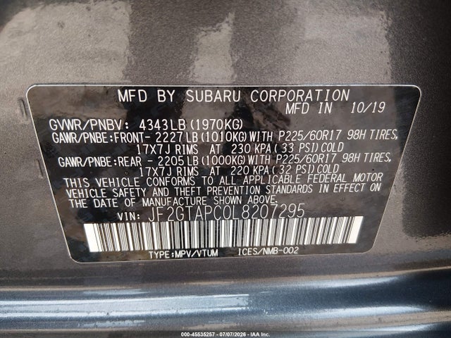 Aukcja sprzedaży 2020 Subaru Crosstrek Premium, vin: JF2GTAPC0L8207295, numer aukcji: 45535257