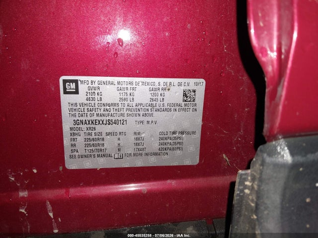 Продаж на аукціоні авто 2018 Chevrolet Equinox Lt, vin: 3GNAXKEXXJS540121, номер лоту: 45535258