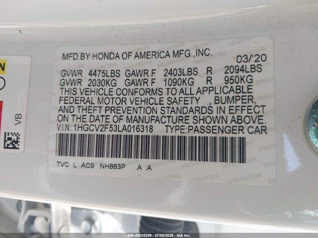 1HGCV2F53LA016318 Honda Accord Ex-l 2.0t
