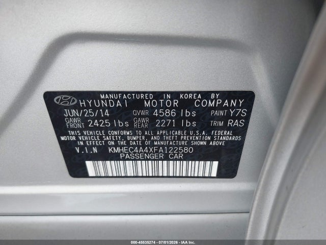 45535274 :رقم المزاد ، KMHEC4A4XFA122580 vin ، 2015 Hyundai Sonata Hybrid Limited مزاد بيع