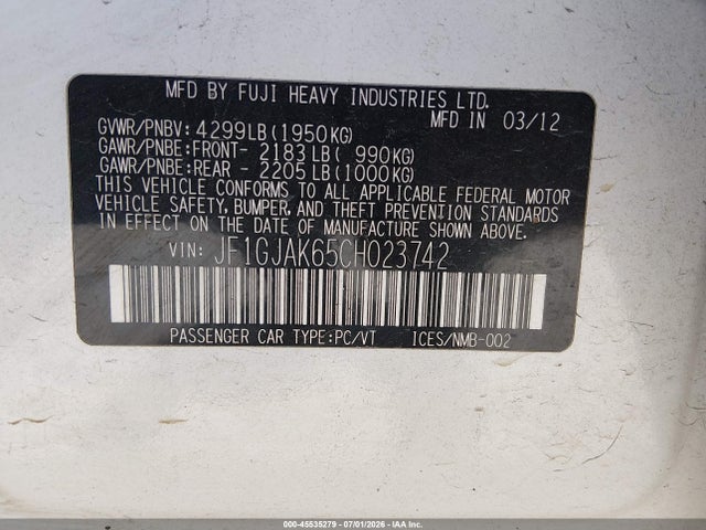 45535279 :رقم المزاد ، JF1GJAK65CH023742 vin ، 2012 Subaru Impreza 2.0i Limited مزاد بيع