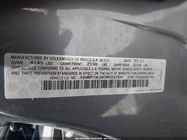 Продаж на аукціоні авто 2012 Volkswagen Jetta 2.5l Se, vin: 3VWBP7AJ4CM003759, номер лоту: 45535286