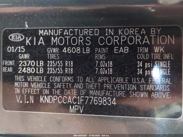 Продажа на аукционе авто 2015 Kia Sportage Ex, vin: KNDPCCAC1F7769834, номер лота: 45535287