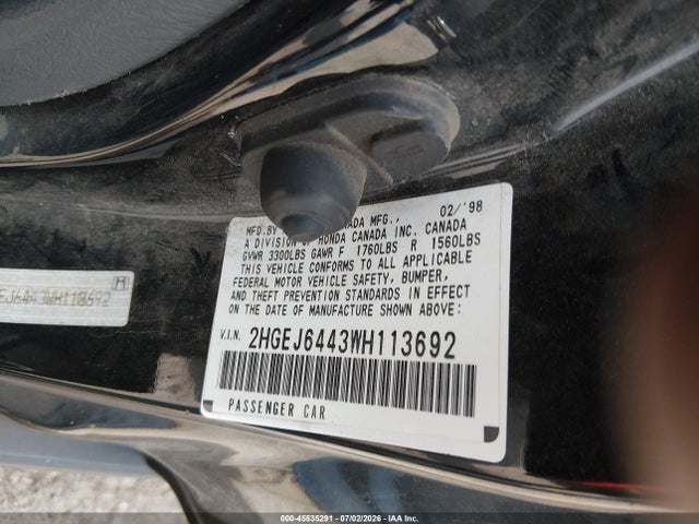 Aukcja sprzedaży 1998 Honda Civic Dx, vin: 2HGEJ6443WH113692, numer aukcji: 45535291