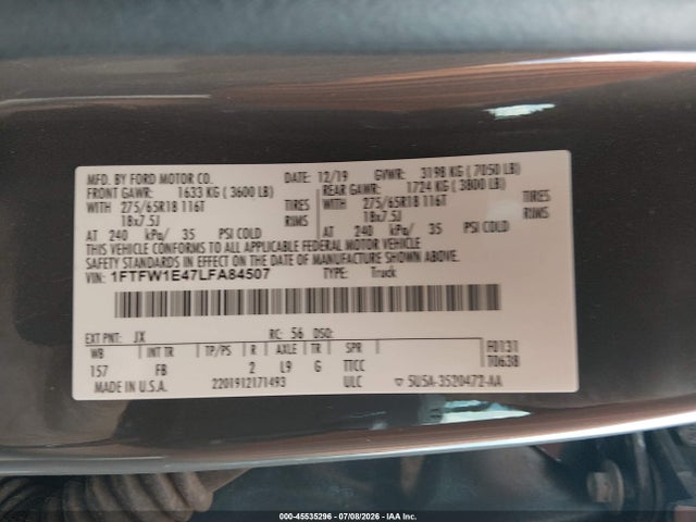 Продаж на аукціоні авто 2020 Ford F-150 Xlt, vin: 1FTFW1E47LFA84507, номер лоту: 45535296