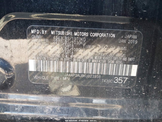 2019 Mitsubishi Outlander Sport 2.0 Le მანქანა იყიდება აუქციონზე, vin: JA4AP3AU8KU023938, აუქციონის ნომერი: 45535298