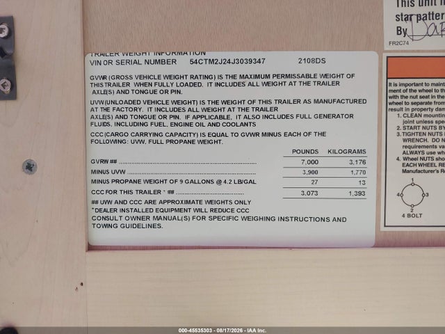 Aukcja sprzedaży 2018 Winnebago Micro Mini 2108ds, vin: 54CTM2J24J3039347, numer aukcji: 45535303