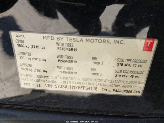 45535319 :رقم المزاد ، 5YJSA1H12EFP54115 vin ، 2014 Tesla Model S P85 مزاد بيع