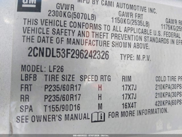 45535322 :رقم المزاد ، 2CNDL53F296242326 vin ، 2009 Chevrolet Equinox Lt مزاد بيع