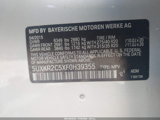 Aukcja sprzedaży 2015 Bmw X5 Sdrive35i, vin: 5UXKR2C5XF0H39355, numer aukcji: 45535324
