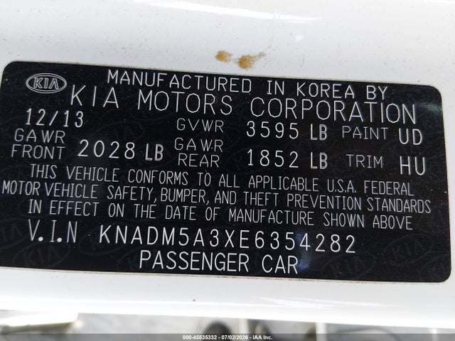 45535332 :رقم المزاد ، KNADM5A3XE6354282 vin ، 2014 Kia Rio Lx مزاد بيع