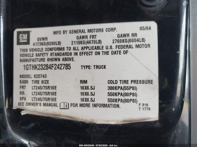 Продаж на аукціоні авто 2004 Gmc Sierra 2500hd Slt, vin: 1GTHK23284F242785, номер лоту: 45535346