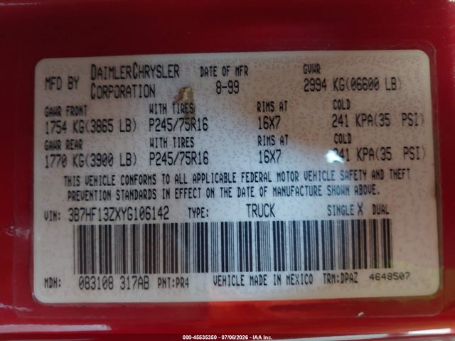 Aukcja sprzedaży 2000 Dodge Ram 1500 St, vin: 3B7HF13ZXYG106142, numer aukcji: 45535350