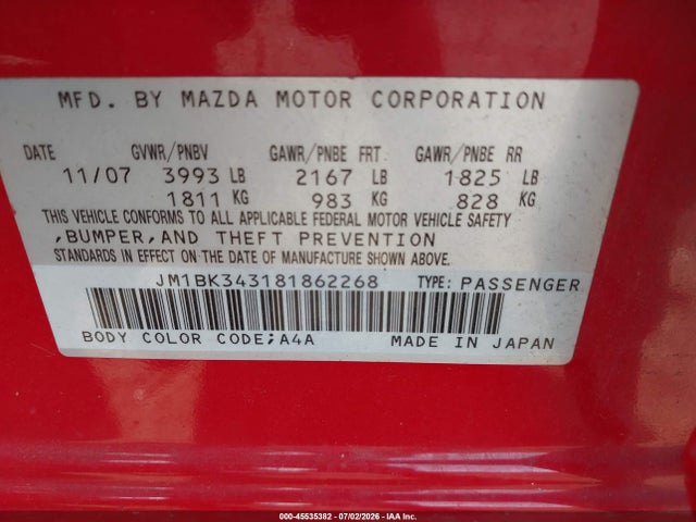 45535382 :رقم المزاد ، JM1BK343181862268 vin ، 2008 Mazda Mazda3 S Grand Touring مزاد بيع