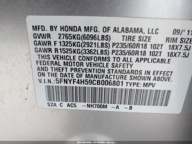 45535388 :رقم المزاد ، 5FNYF4H59CB006801 vin ، 2012 Honda Pilot Ex-l مزاد بيع