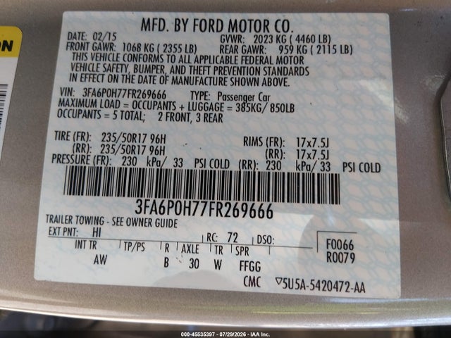 Ford FUSION SE 2015 3FA6P0H77FR269666 Image 9