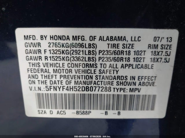 45535406 :رقم المزاد ، 5FNYF4H52DB077288 vin ، 2013 Honda Pilot Ex-l مزاد بيع