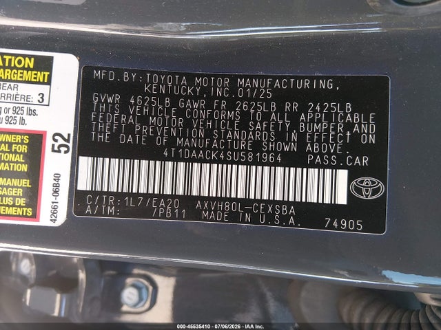 45535410 :رقم المزاد ، 4T1DAACK4SU581964 vin ، 2025 Toyota Camry Se مزاد بيع