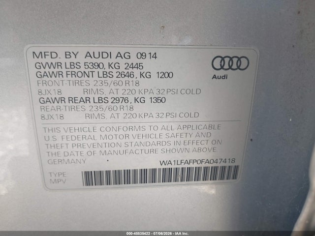 Aukcja sprzedaży 2015 Audi Q5 2.0t Premium, vin: WA1LFAFP0FA047418, numer aukcji: 45535422
