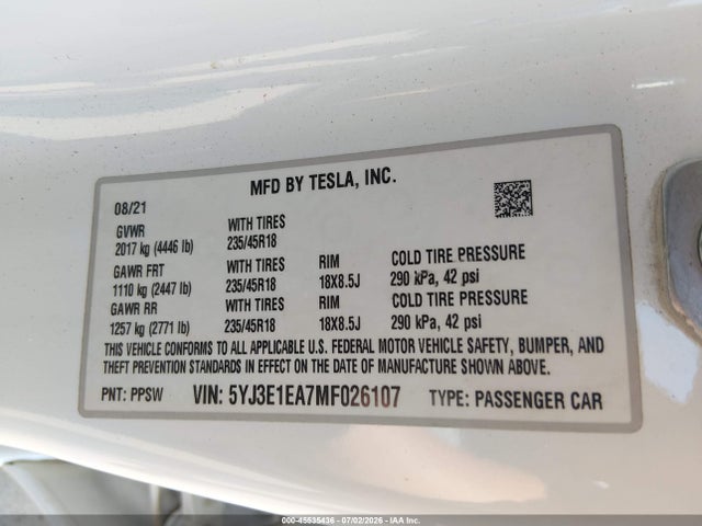 Продажа на аукционе авто 2021 Tesla Model 3 Standard Range Plus Rear-wheel Drive, vin: 5YJ3E1EA7MF026107, номер лота: 45535436