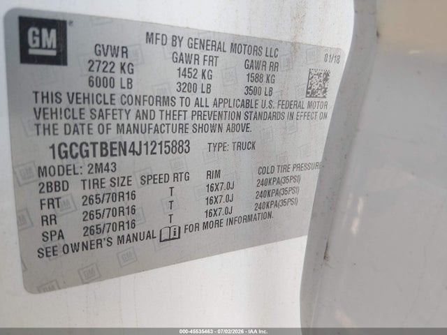 1GCGTBEN4J1215883 Chevrolet Colorado Wt
