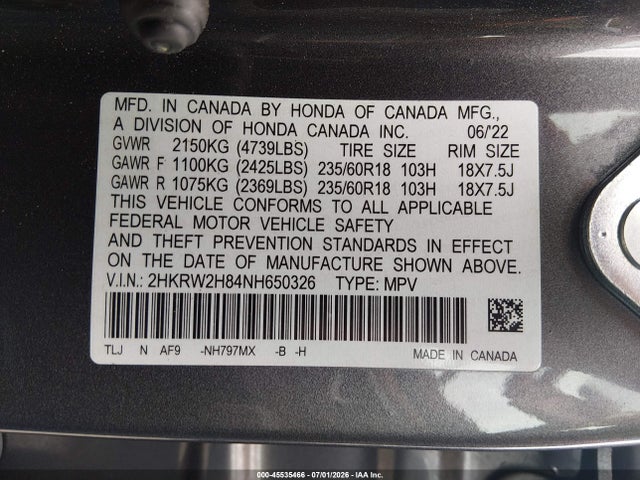Auction sale of the 2022 Honda Cr-v Awd Ex-l, vin: 2HKRW2H84NH650326, lot number: 45535466