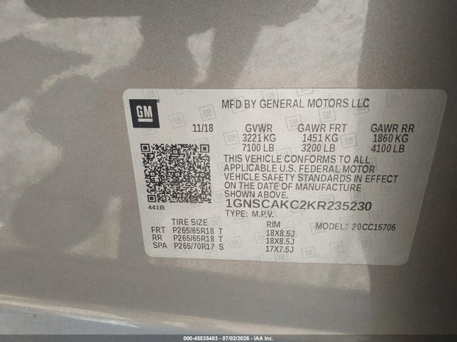 Aukcja sprzedaży 2019 Chevrolet Tahoe Ls, vin: 1GNSCAKC2KR235230, numer aukcji: 45535483