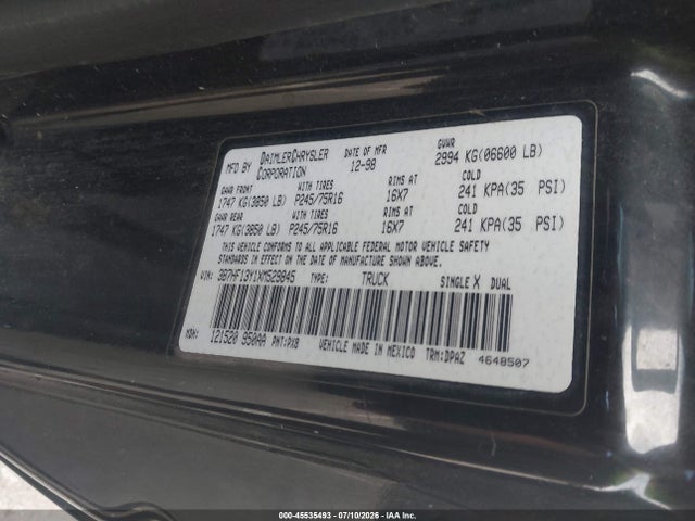 1999 Dodge Ram 1500 St მანქანა იყიდება აუქციონზე, vin: 3B7HF13Y1XM529845, აუქციონის ნომერი: 45535493