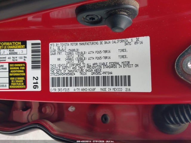 Продаж на аукціоні авто 2017 Toyota Tacoma Trd Sport, vin: 3TMCZ5AN5HM050024, номер лоту: 45535514