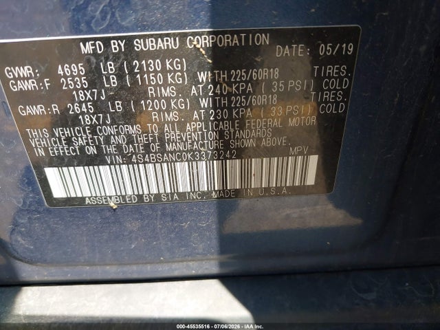 45535516 :رقم المزاد ، 4S4BSANC0K3373242 vin ، 2019 Subaru Outback 2.5i Limited مزاد بيع