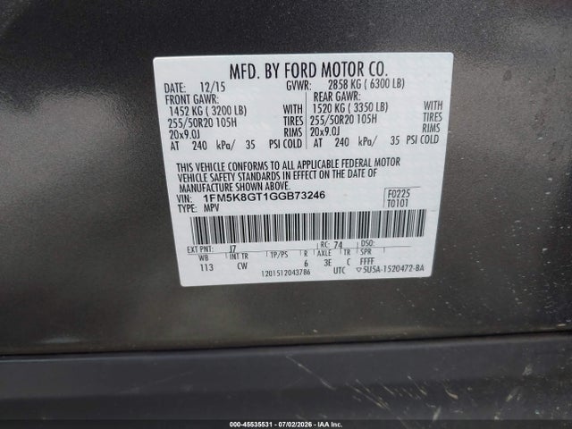 Ford EXPLORER SPORT 2016 1FM5K8GT1GGB73246 Image 9