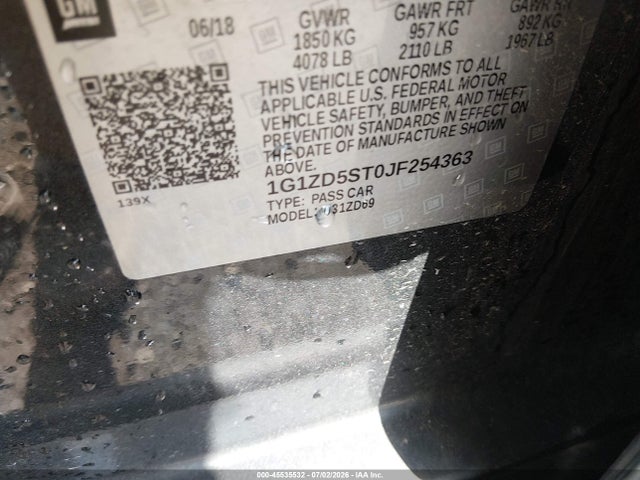 Продажа на аукционе авто 2018 Chevrolet Malibu Lt, vin: 1G1ZD5ST0JF254363, номер лота: 45535532