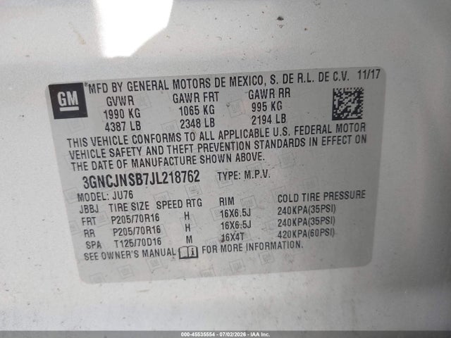 Продаж на аукціоні авто 2018 Chevrolet Trax Ls, vin: 3GNCJNSB7JL218762, номер лоту: 45535554