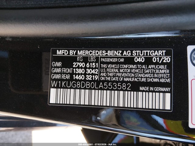 2020 Mercedes-benz S 560 მანქანა იყიდება აუქციონზე, vin: W1KUG8DB0LA553582, აუქციონის ნომერი: 45535561