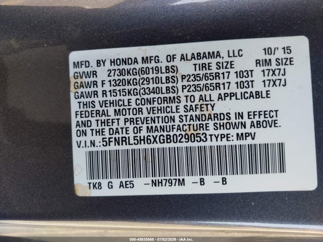 Honda Odyssey Ex-l 2016 5FNRL5H6XGB029053 Image 9