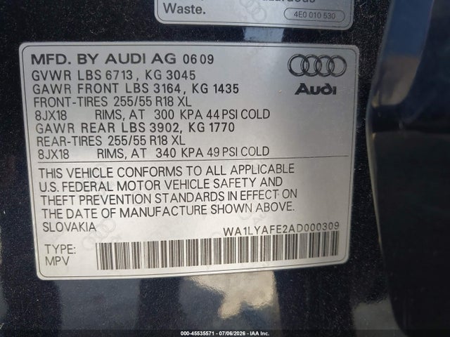 45535571 :رقم المزاد ، WA1LYAFE2AD000309 vin ، 2010 Audi Q7 3.6 Premium مزاد بيع