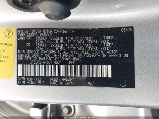 2006 Toyota Highlander V6 მანქანა იყიდება აუქციონზე, vin: JTEGP21A460114634, აუქციონის ნომერი: 45535573
