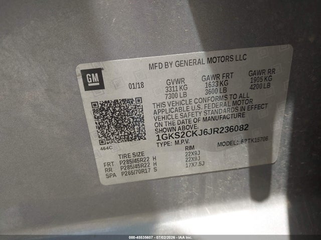 2018 Gmc Yukon Denali მანქანა იყიდება აუქციონზე, vin: 1GKS2CKJ6JR236082, აუქციონის ნომერი: 45535607