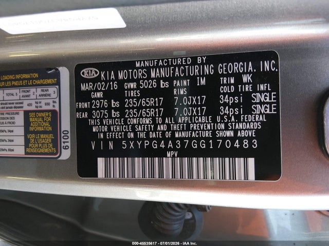 5XYPG4A37GG170483 KIA Sorento 2.4l Lx