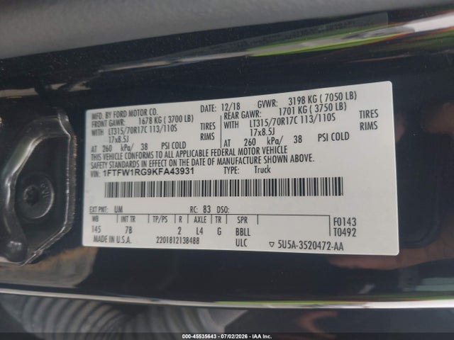 Ford F-150 Raptor 2019 1FTFW1RG9KFA43931 Image 9